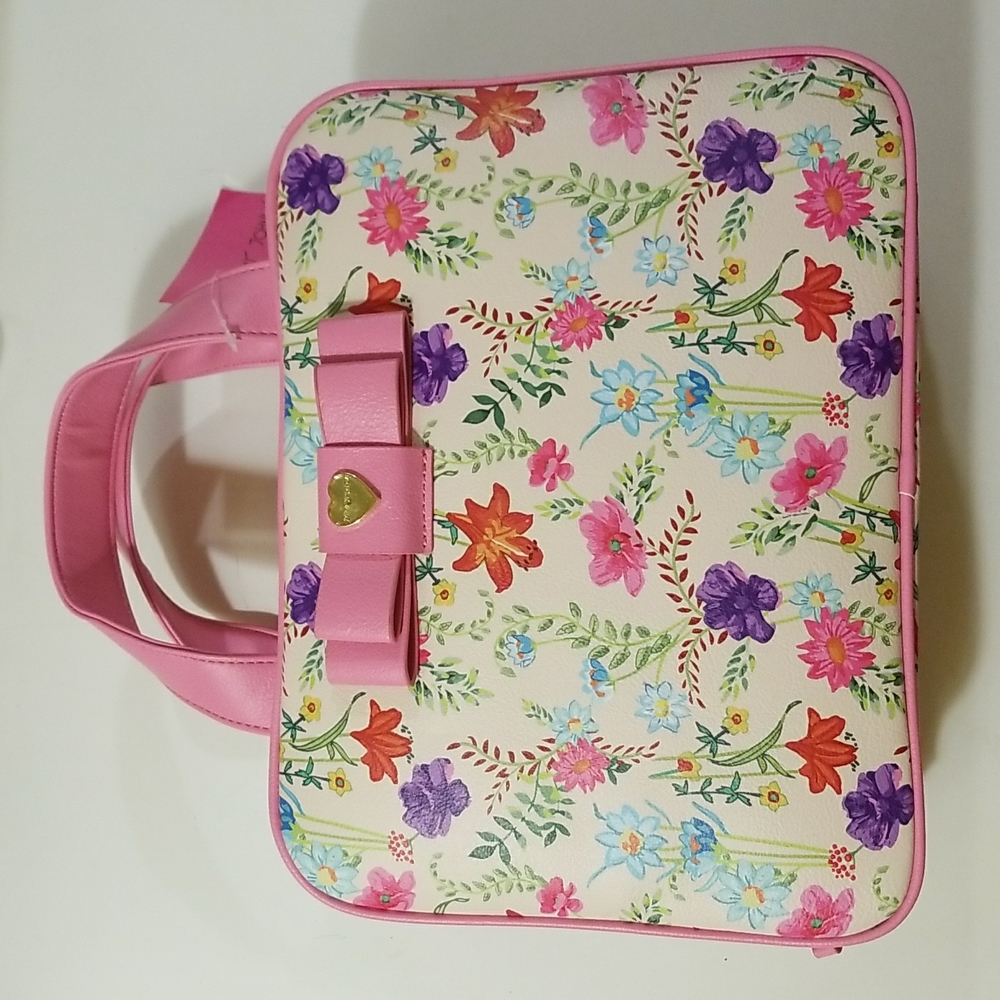 NWT BETSEY JOHNSON pink and floral bow weekender toiletries makeup travel bag